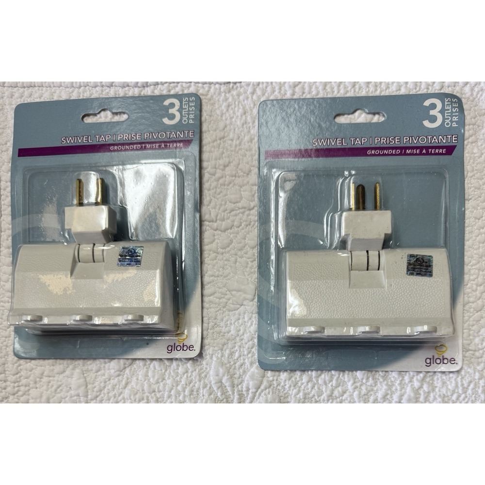 3 Outlet Lateral Swivel Grounded Wall Adapter Tap Globe Lot of 2 NEW